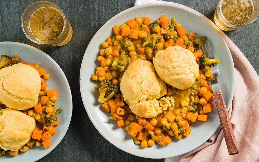 Indian Veggie Pot Pie with curry spiced biscuits, chickpeas and broccoli,